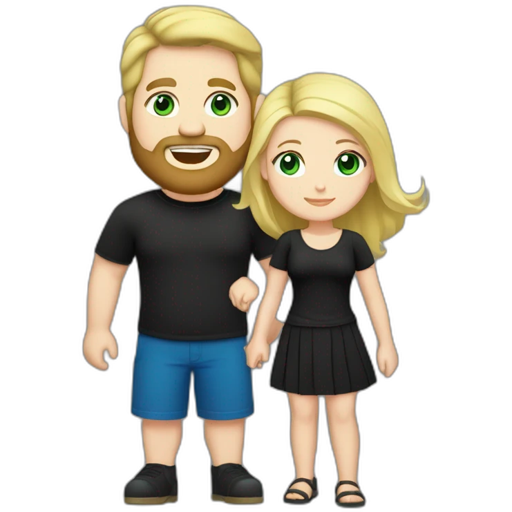 A blond chubby girl with blue eyes and black haired and bearded man with green eyes. The man wears a black t-shirt. The woman is wearing a black skirt and a blue shirt emoji