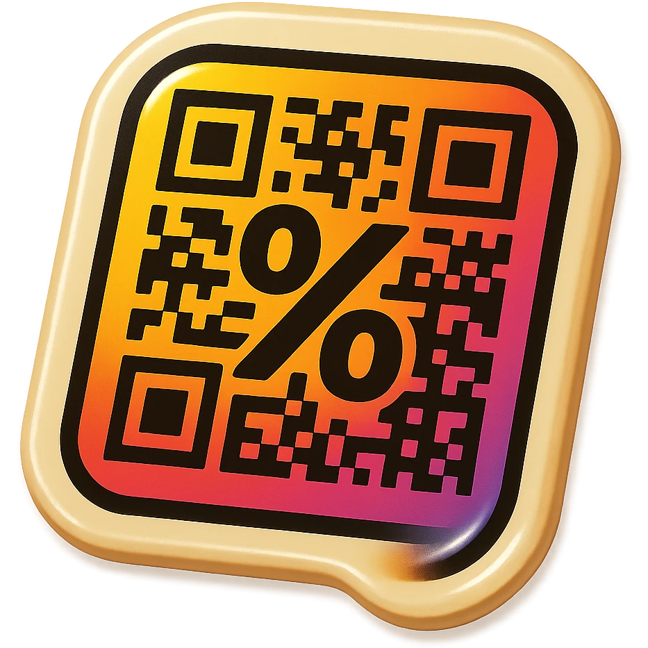 badge featuring a QR code that integrates a large percent sign (%) within it emoji