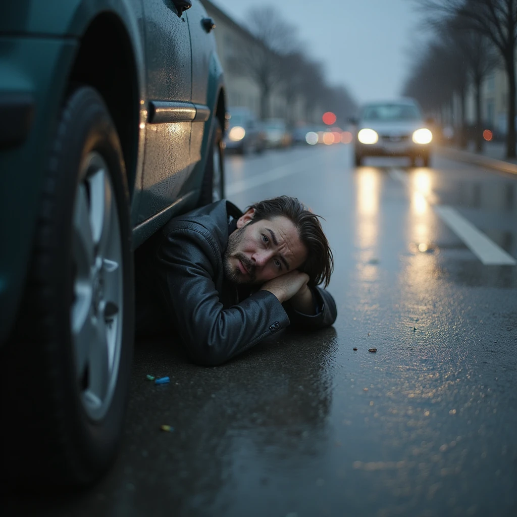 persona che cerca di riparare un’auto in panne sotto la pioggia, viso frustrato e bagnato, ambiente stradale, dettagli iperrealistici 4K emoji