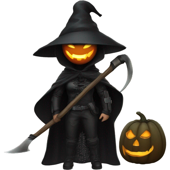 Human female pumpkin hunter with a scythe, glowing pumpkin eyes inside a black helmet, Halloween theme, emoji emoji