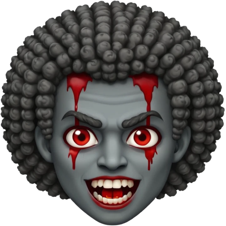 vampire with grey skin, fanged teeth, blood on face and a curly Afro emoji