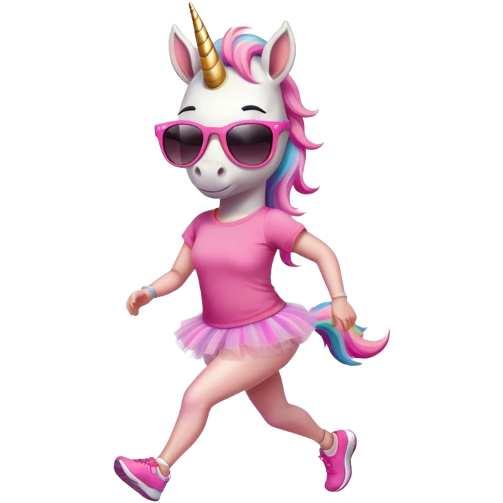 friendly anthropomorphised female unicorn in tutu and pink t-shirt, wearing dark sunglasses, jogging upright in relaxed pose emoji
