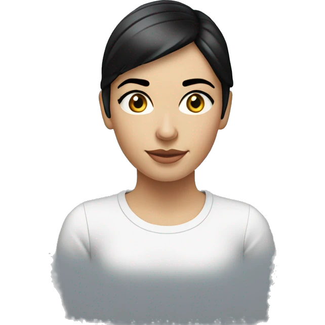 A head and shoulders shot of a 20 year old caucasian woman with short black hair wearing a tshirt. emoji