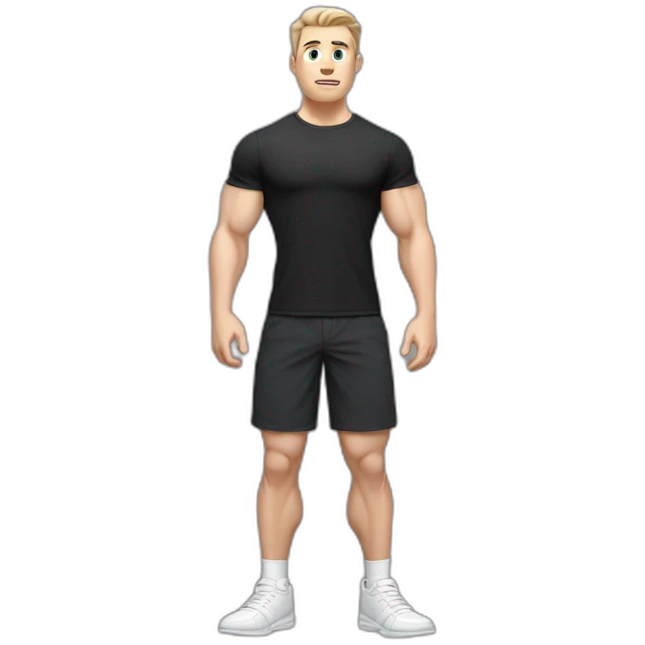Confused Pale skinned Fit Man With the biceps and dark brown hair in black shirt, gray sports shorts and white Sneakers emoji
