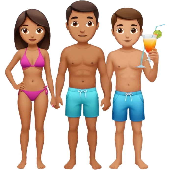 Family of four daughter, mother, father and son on vacation on Maldives, in bikini and with cocktails emoji