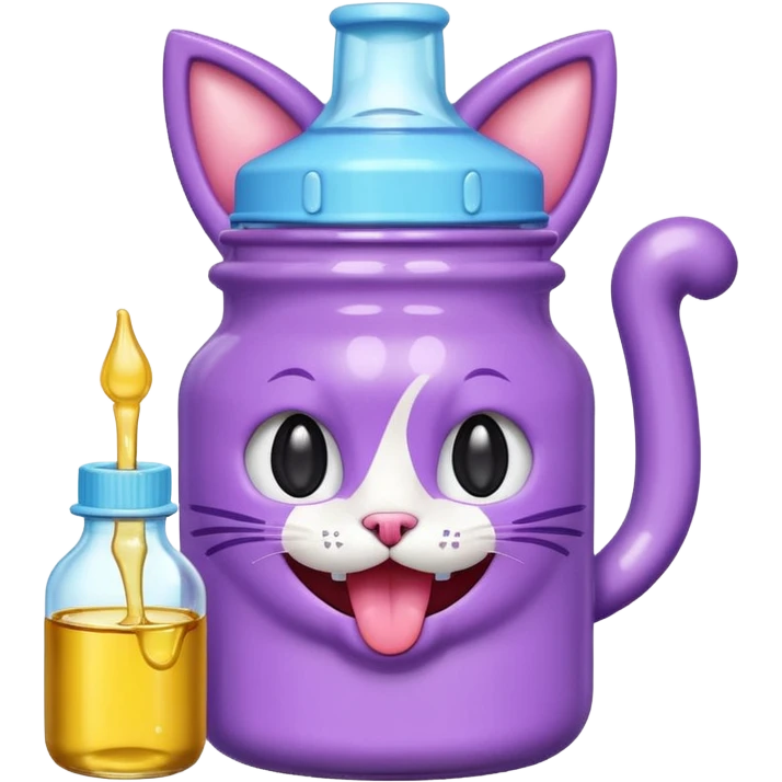 Smiling bottle of oil light purple top and light blue sticking tongue out and with cat ears emoji