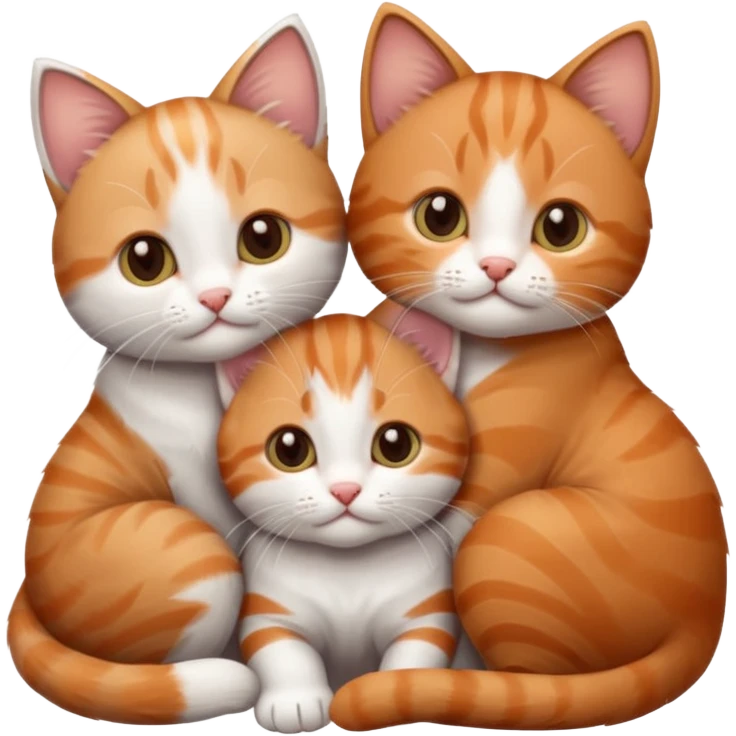 3 kittens cuddling together all different colours, the first one is grey and white, the second is ginger and white and the third is brown tabby and white emoji