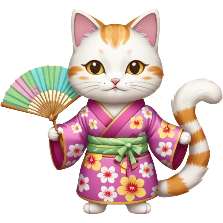 A cat in kimono-style outfit, opening a floral fan with gentle poise. emoji