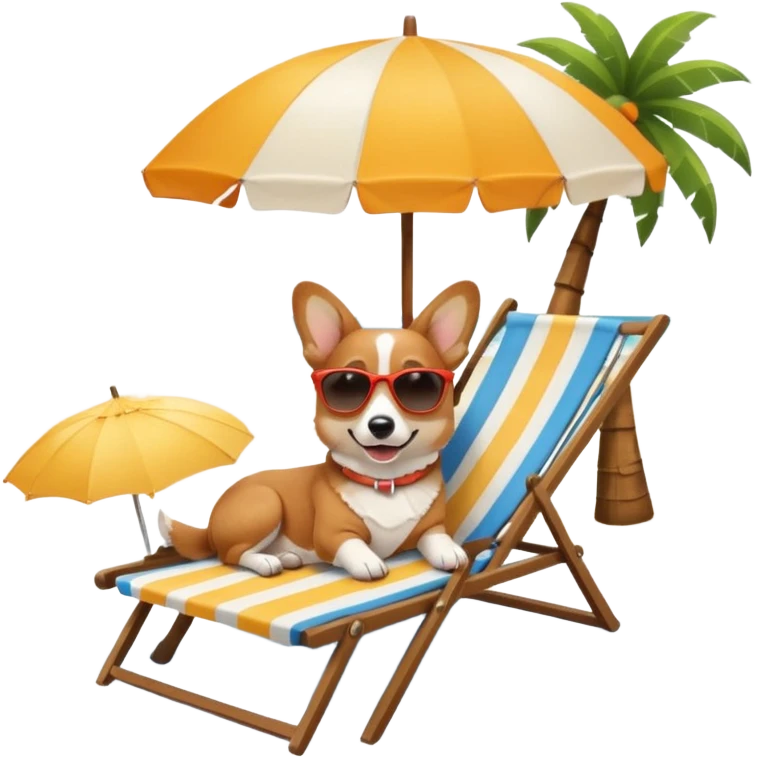 a corgi dog laied on a beach chair, a sunny beach, a sun umbrella, and beach coconut trees. the icon should capture the essence of a relaxing beach vacation with a carefree atmosphere emoji