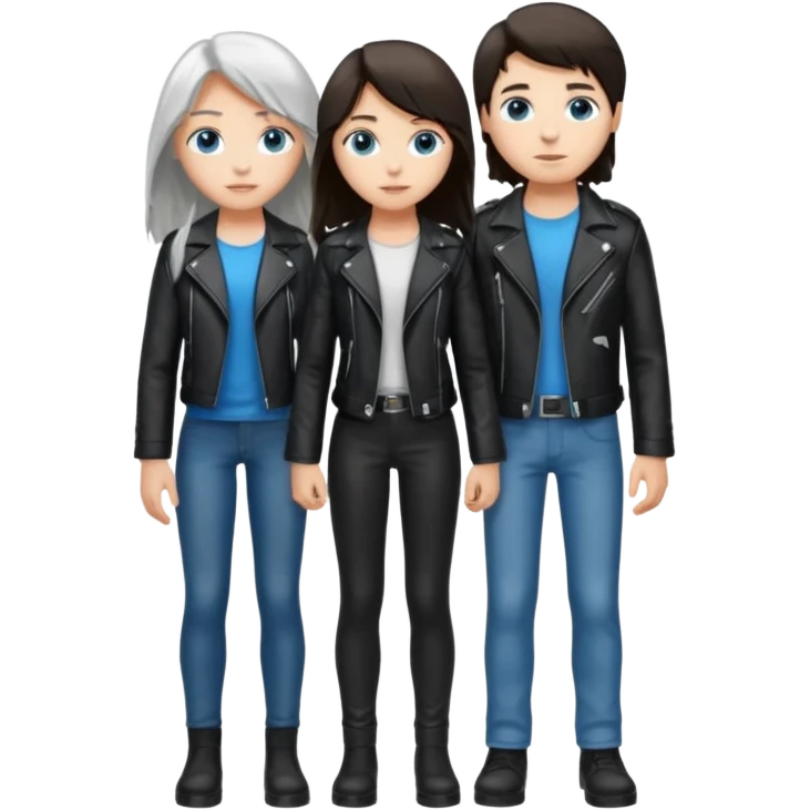 full-length couple, girl with long silver hair and blue eyes in black leather jacket, boy with dark brown hair in white shirt emoji