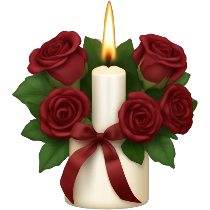 A flickering burgundy candle surrounded by deep red roses and a flowing satin ribbon
 emoji