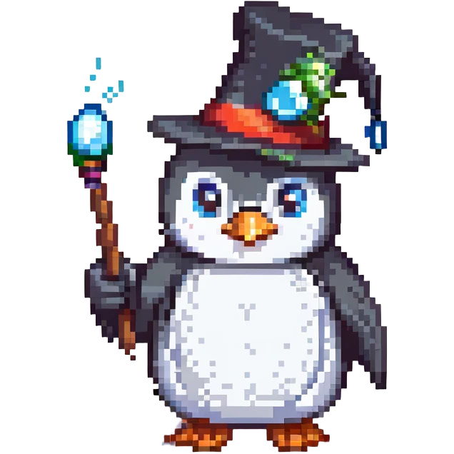 A penguin wizard with a tall hat and a magic wand emoji