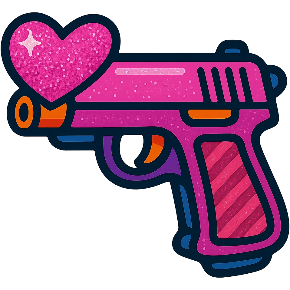 Add sparkling glitter details to the vibrant toon pink heart pistol, keeping the bold outlines and playful look, with no background. emoji