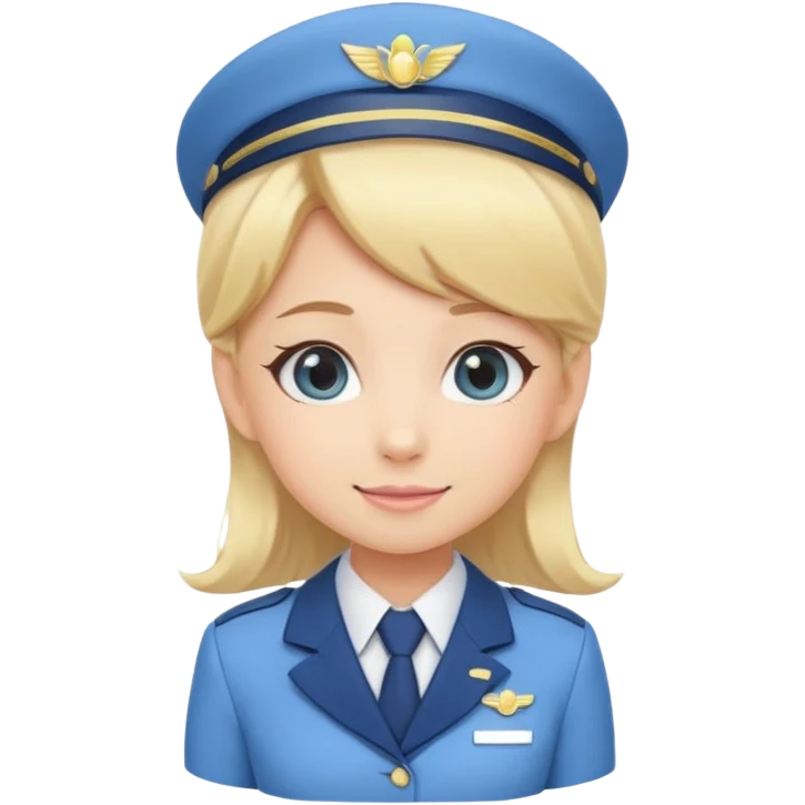 Cute emoji-style Japanese flight attendant, blonde hair long, pastel blue airline uniform, kawaii cartoon style, big eyes, simple clean lineart, pastel colors, chibi proportions, friendly smile, sticker/emoji, transparent background emoji