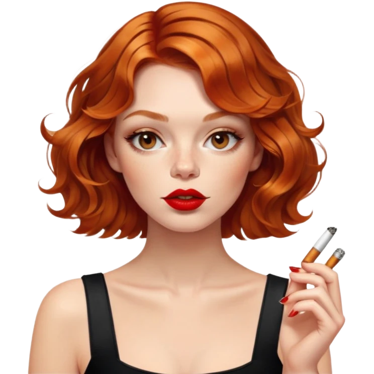 Alluring ginger French girl french shiny brown wavy textured bob haircut tousled hair red lips smoking cigarette emoji