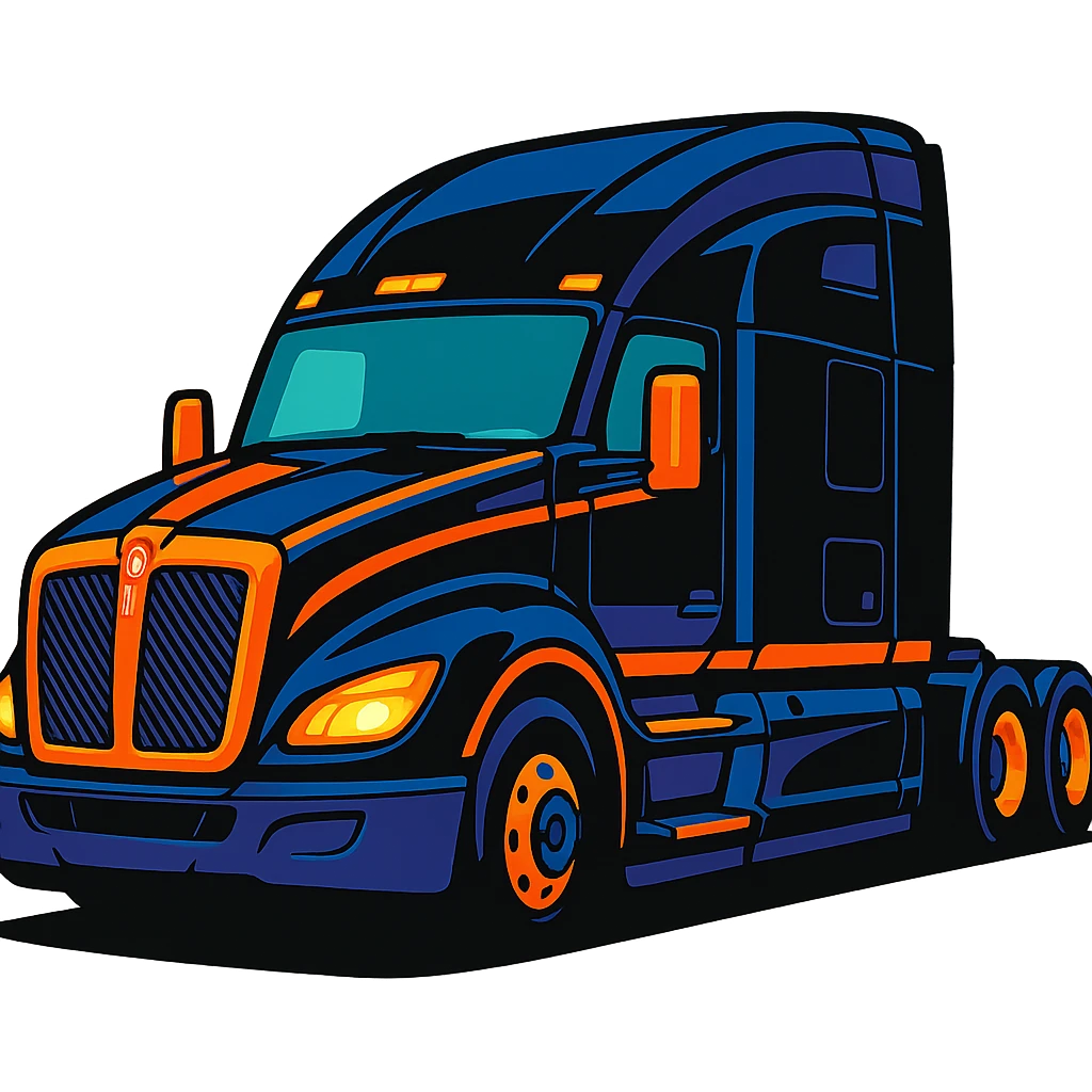 2026 Black Kenworth T680 Sleeper semi truck, side view, headlights on, vibrant cartoon style, no background emoji
