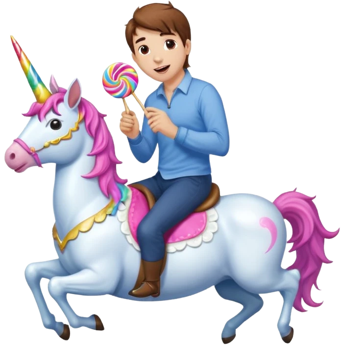 White man with brown hair riding a unicorn and licking lollipops  emoji