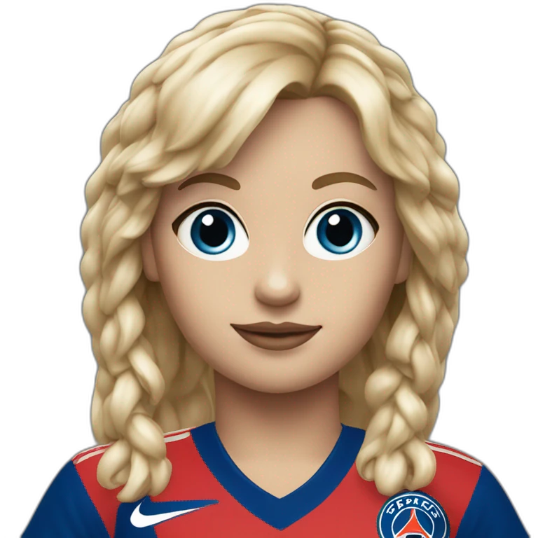 Blonde girl fringe, blue eyes, a 1980 PSG jersey and a baguette emoji