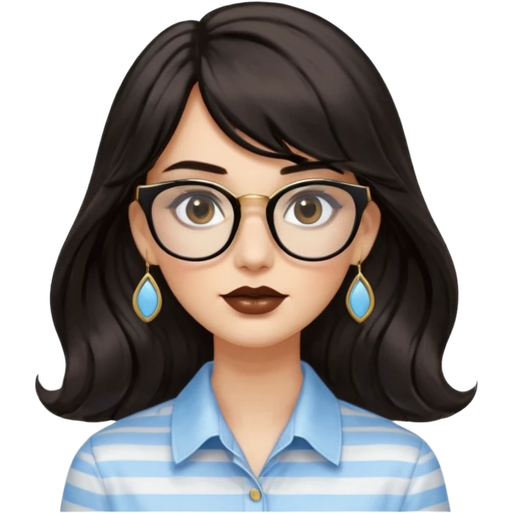 An emoji featuring a woman with long wavy dark brown hair and a whispy bang, wearing thick black square glasses, gold drop earrings. She has long lashes and a nude browny glossy lipstick. She's wearing an oversize light blue shirt with white vertical strips. emoji