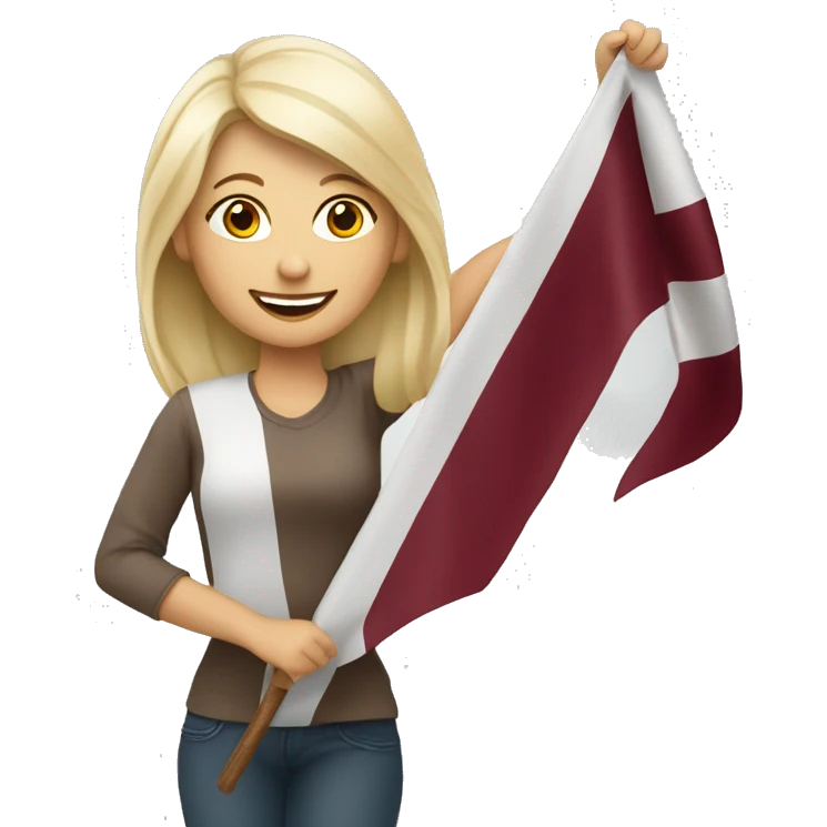 Happy blonde woman with a flag of Latvia in hands emoji