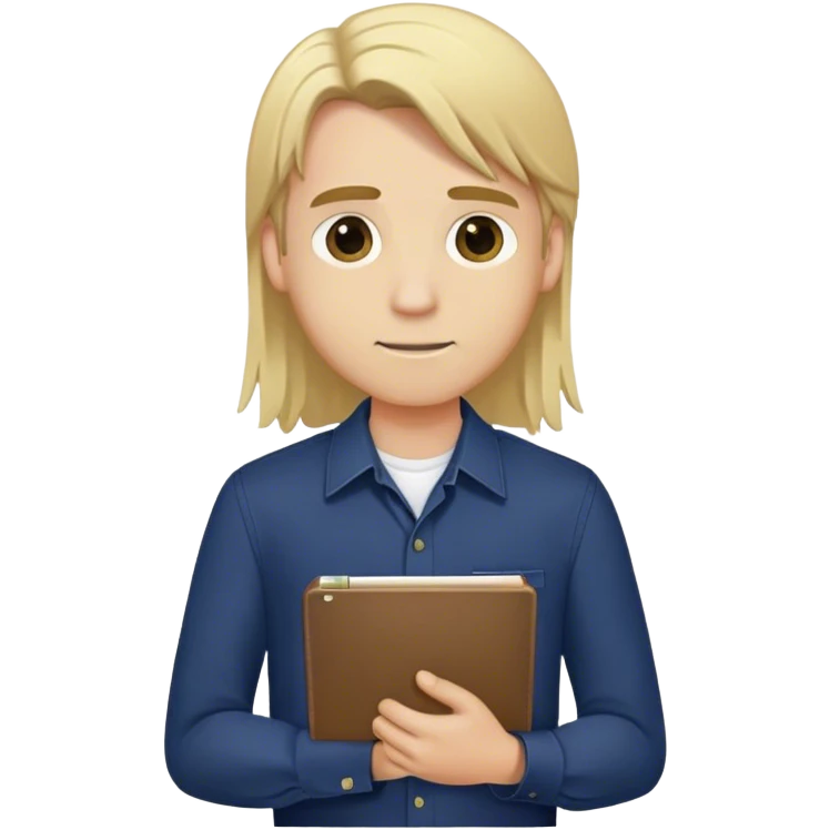 Guy with long straight blonde hair and navy button up holding a notebook emoji