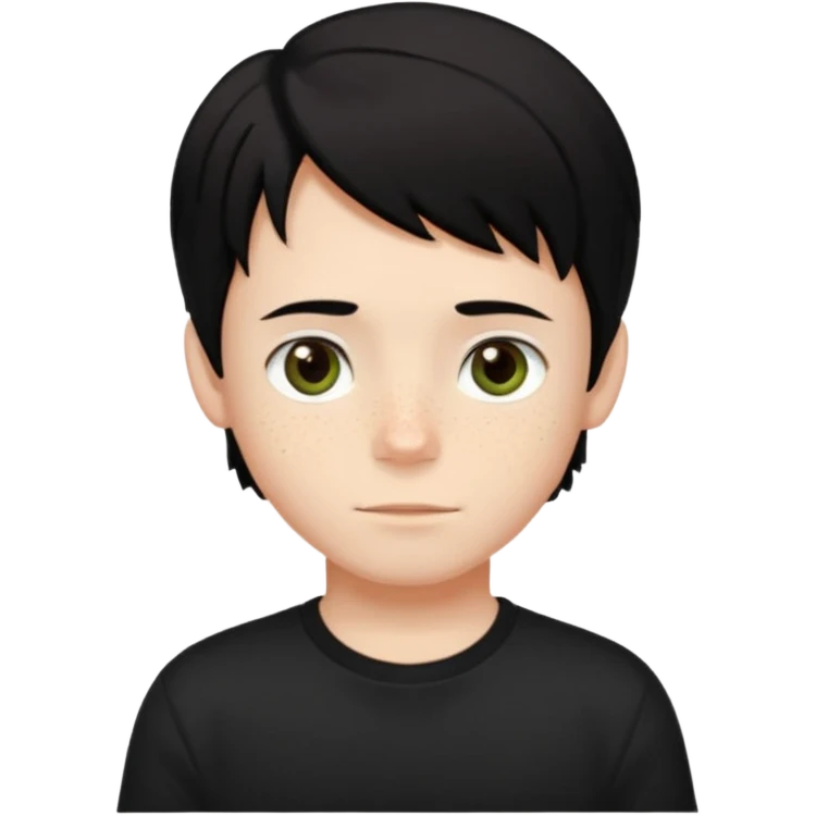 A boy with dark black hair and hazel green and brown eyes and white skin , with freckles and black t shirt with middle part hair hair with a center part haircut  emoji