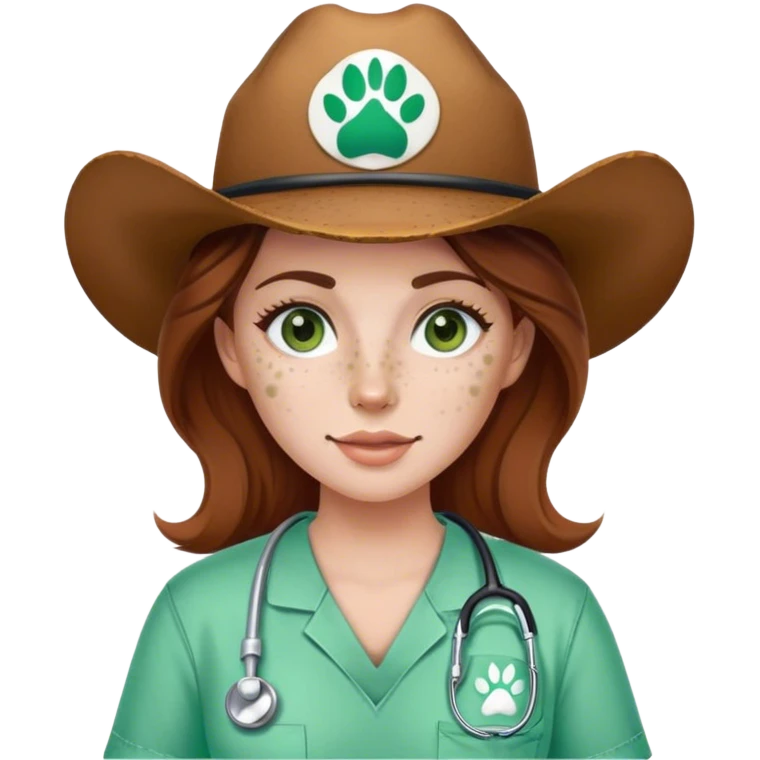 Pale Woman with brown hair and green eyes and freckles on her cheek bones wearing scrubs that have a paw print logo on the scrubs  and a cow girl hat emoji