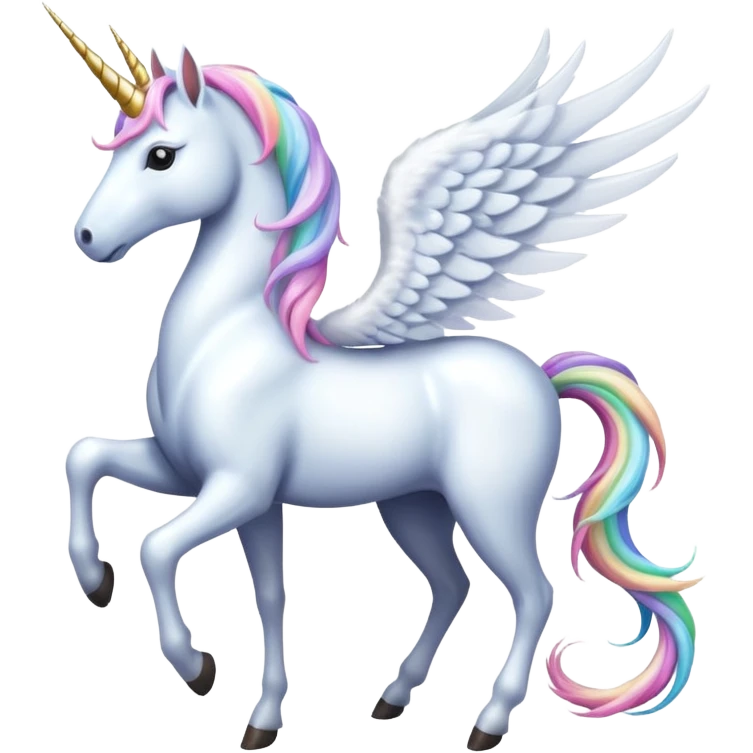 Cinematic Noble Unicorn with wings, slender with a flowing mane and tail and spiraled horn emoji