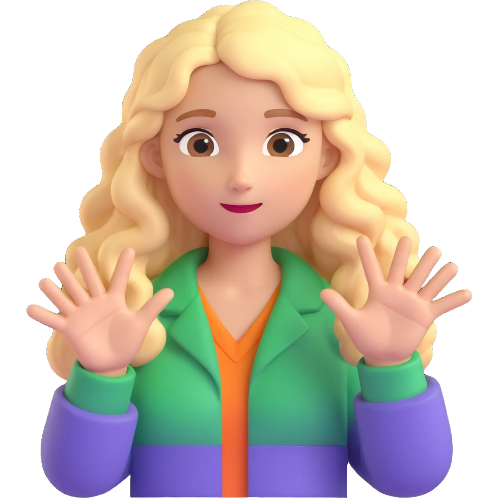 cartoon blonde girl with long curly hair, palm facing forward in a stop gesture emoji