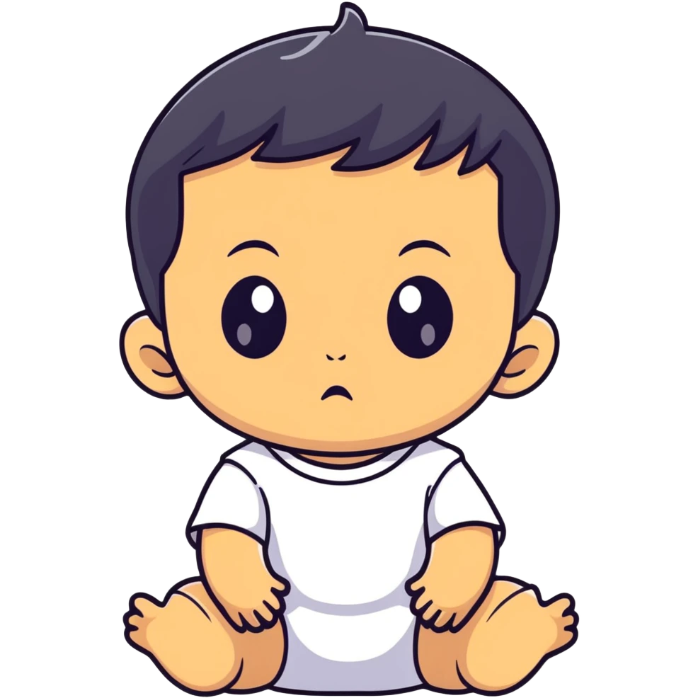 Baby boy face with big eyes, medium skin tone, and black hair emoji