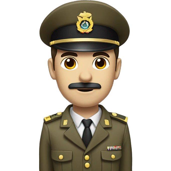 Man in military uniform with thin vertical mustache and parted dark brown hair. Holding his right arm raised at a 45 degree angle upward emoji