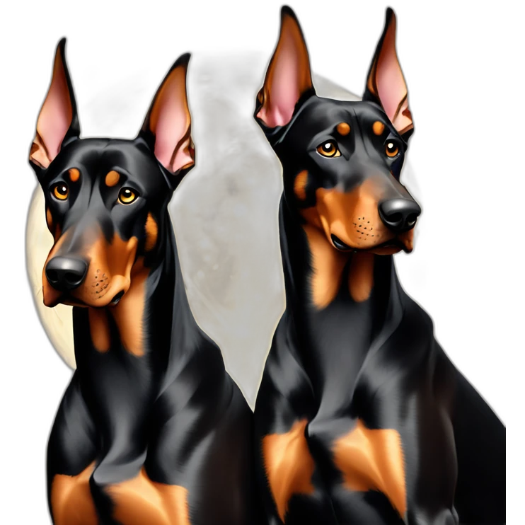Two dobermans sitting no cropped ears with big moon emoji