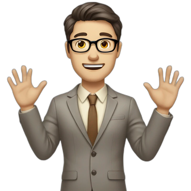 To belt Actively gesturing with hands Pale skinned fit man with dark brown hair in gray jacket, beige office shirt, brown tie, brown pants and vintage glasses. emoji