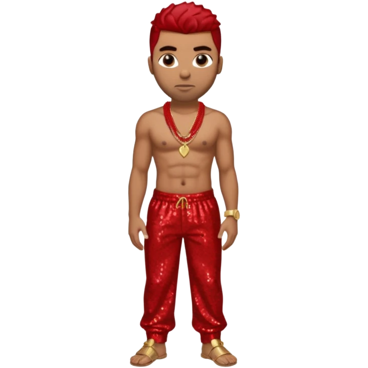 Ginuwine with red sequin baggy pants, shirtless with necklace, dark brown hair emoji