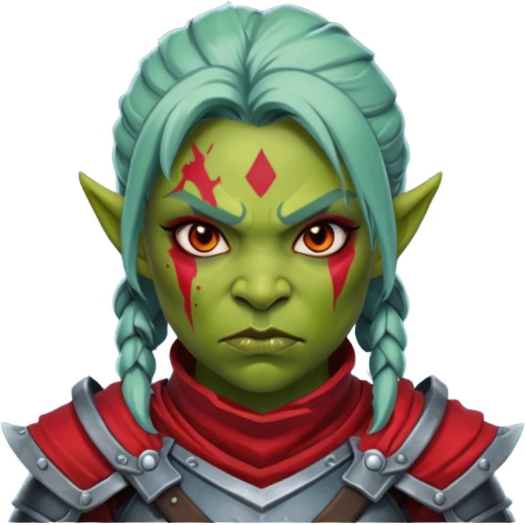 Fantasy Christmas orc legion soldier icon, iron tundra army theme, heavy winter armor, disciplined brutal look, dark icy steel armor with bold crimson cloth and markings, cold blue shadows, high contrast, clean emoji portrait style, female variant emoji