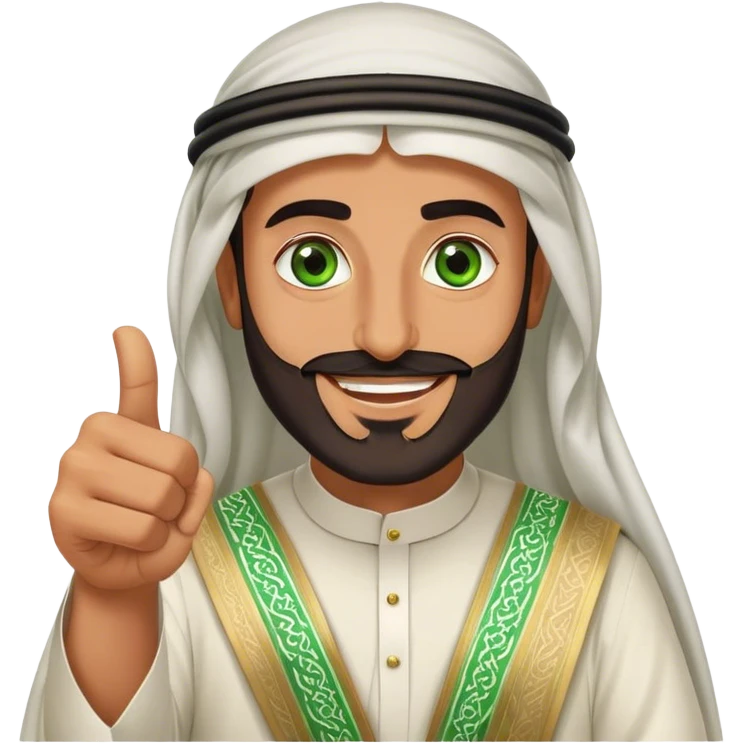 "Tanned Arab Saudi man with green eyes and a beard, wearing an agal and traditional attire, smiling happily and giving a big thumbs-u emoji