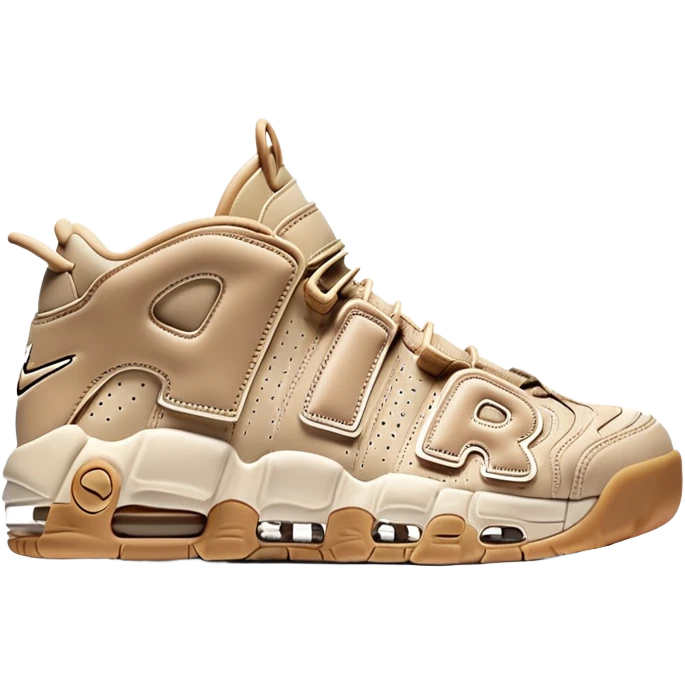 Clean iOS-style emoji of a pair of beige Nike Air More Uptempo sneakers, with left and right shoes arranged with one slightly behind the other, simple minimal design with subtle shadows emoji