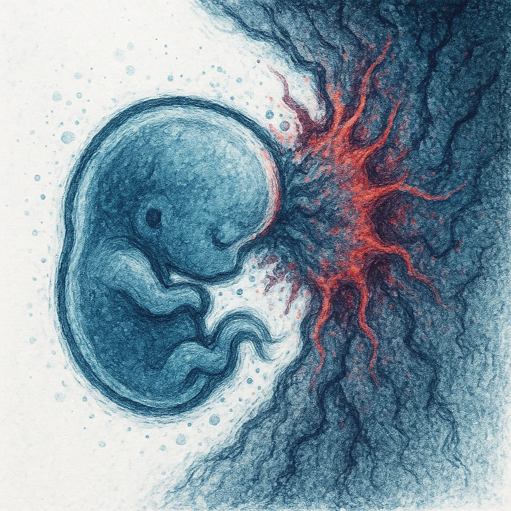 close-up of stylized embryo trying to adhere to rough or hostile uterine wall, visual elements suggesting inflammation or resistance, cold colors, white background emoji
