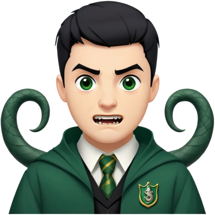 Jamie Yeates is Marcus Flint in harry potter, wear hogwarts slytherin uniform, short black hair, bulky face, often grimacing and showing buck teeth growl menacingly emoji