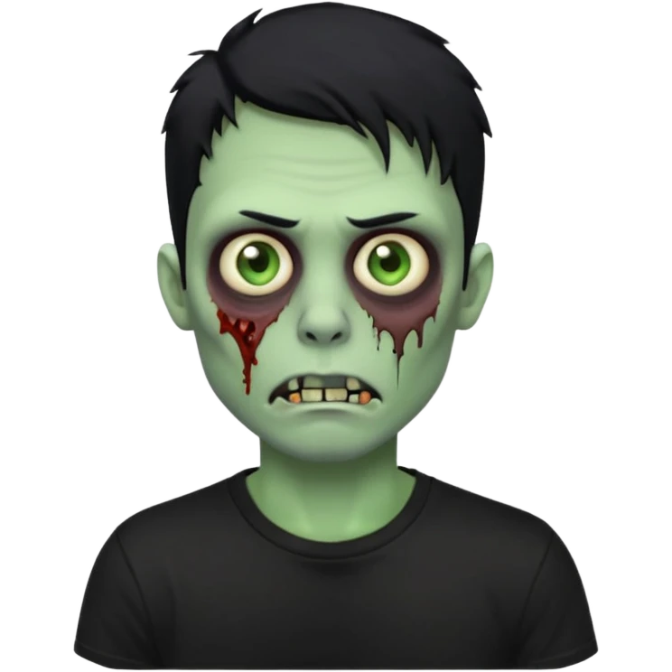 Zombie Emoji AppleIOS Style, lowfade Black Hair, nose piercing, and Black T-shirt, Green Skin emoji