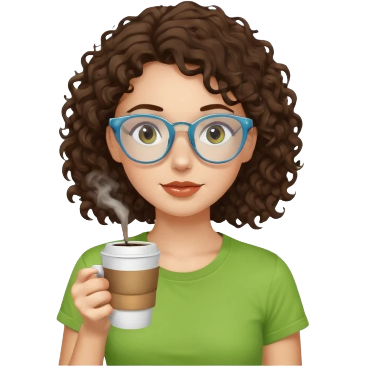 White girl with dark brown curly hair, brown eyes, sky blue glasses, apple green t shirt, drinking coffee emoji