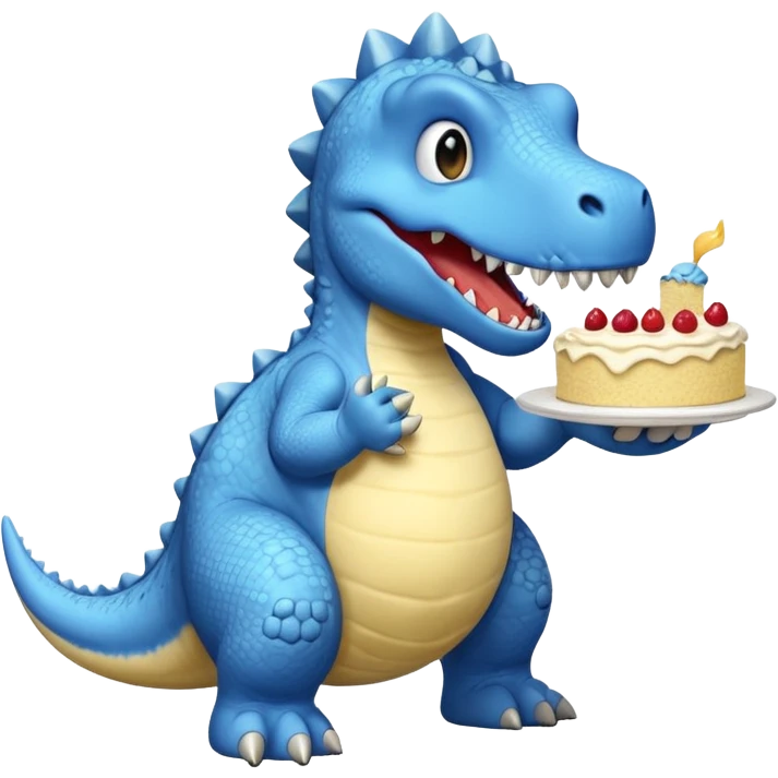 Blue dinosaur eating a vanilla cake emoji
