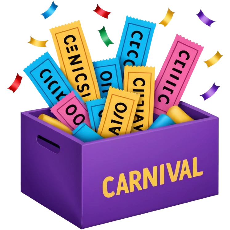 a box with the words "carnival pack" with tickets as a bundle, confetti in it etc  emoji