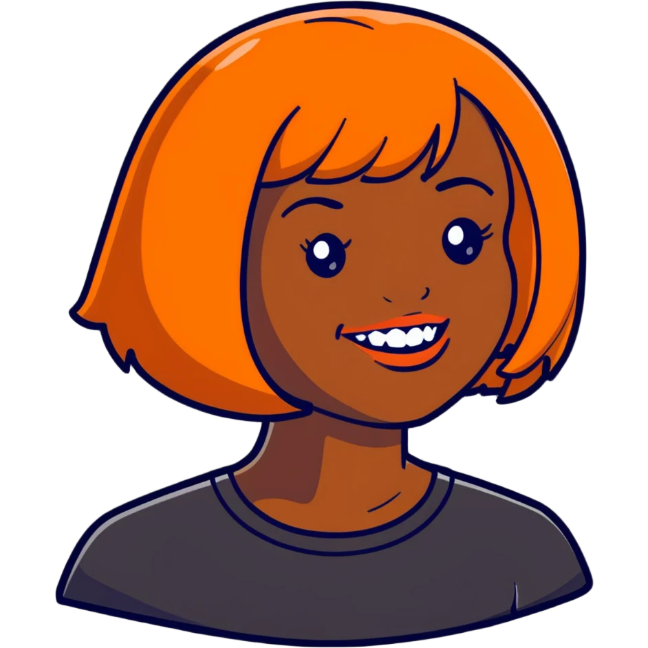 dark skinned Black woman with orange bob wig like Chucky's hair, visible plaque on her teeth emoji