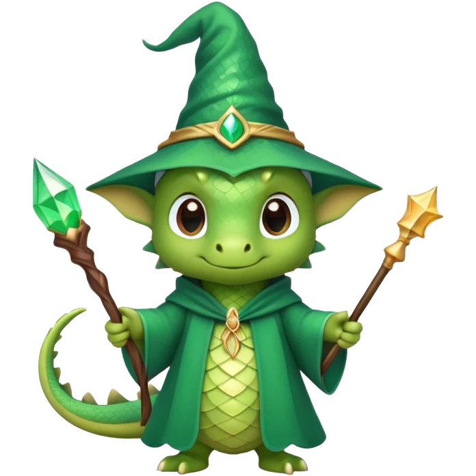 A cute dragon wearing a pointed wizard hat and robes, holding a magic wand emoji
