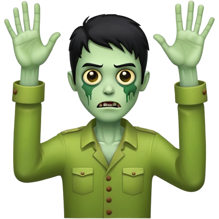 green zombie with one hand raised in the air and black hair emoji