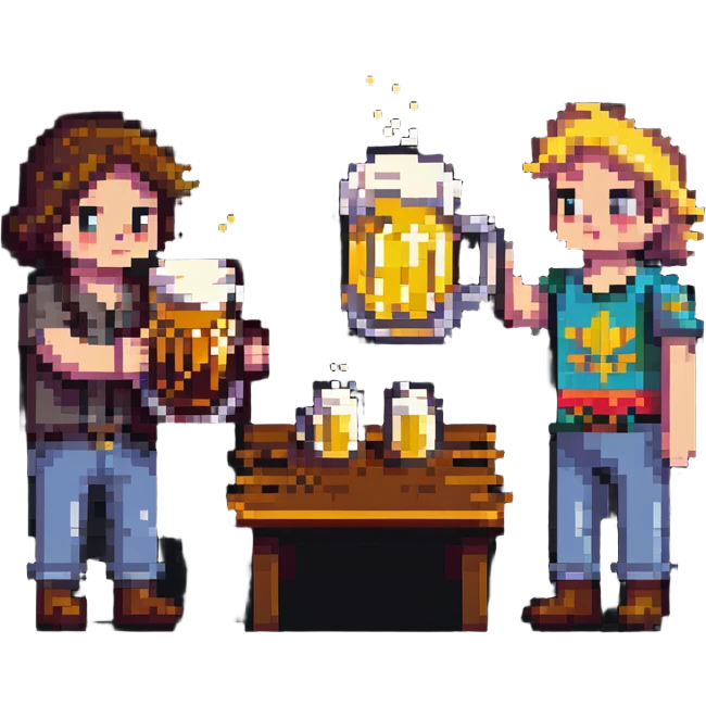 retro pixel art of two friends toasting with beer emoji