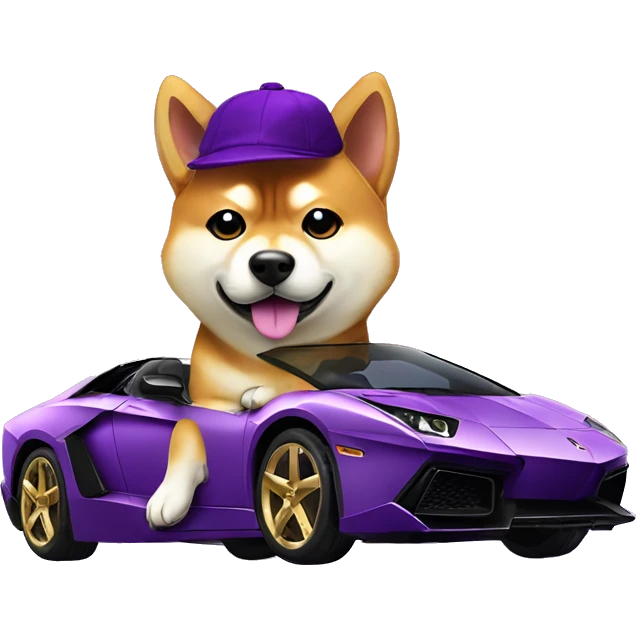 shiba inu with purple hat, with gold chain, sitting on top of a purple Lamborghini  emoji