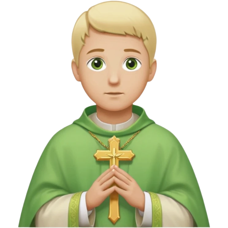 a priest, green eyes, blonde hair, light green chasuble. opening arms, gazing thoughtfully. Soft light, subtle fern. Waist-up, profile. emoji