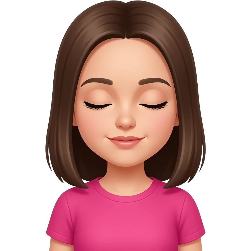a girl kid in vibrant pink color shirt and straight brown hairs and close eyes emoji
